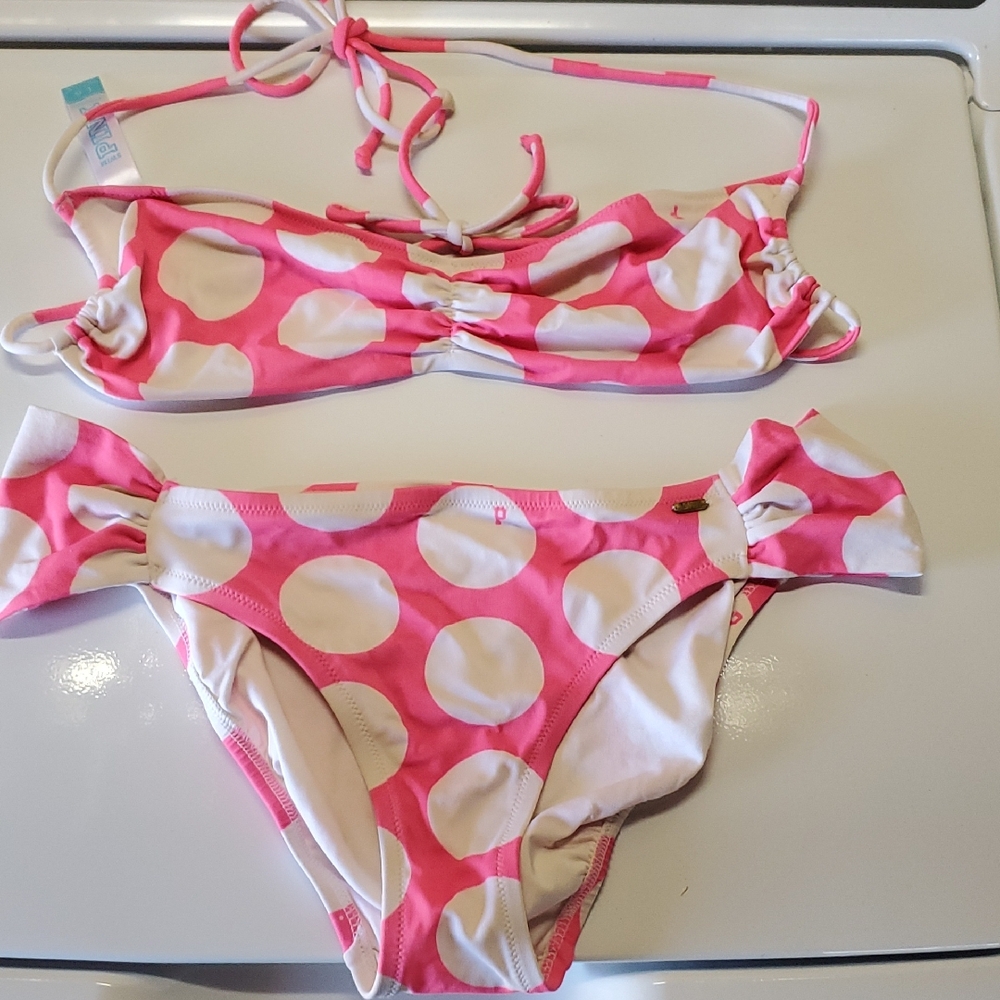 Pink Victoria's Secret Pink and White Bikini Set Top Size L & Bottom Size M